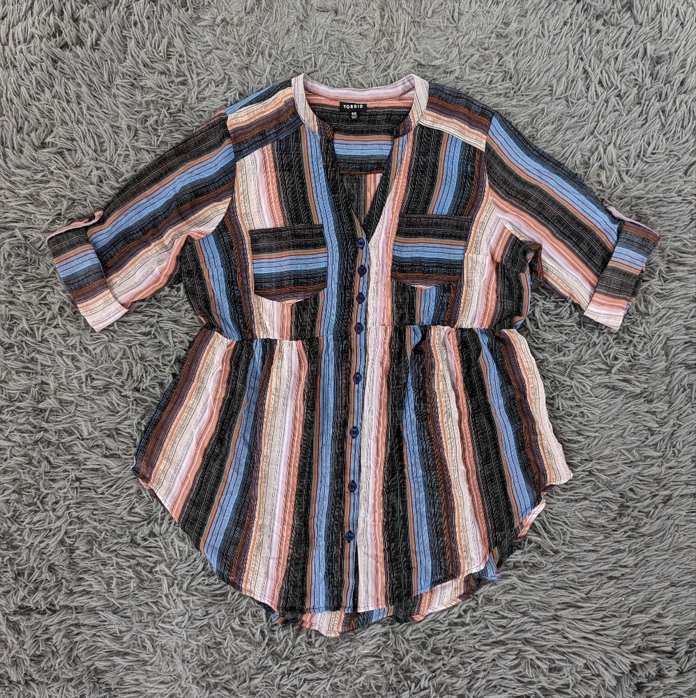 Torrid Top Women's 00 Black Blue Orange Stripes Button Down Tunic